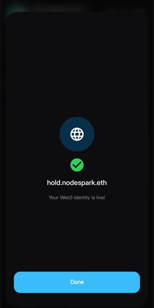 Nama hold.nodespark.eth yang sudah diklaim di NodeSpark Wallet